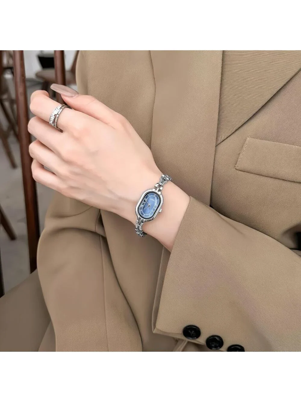 Women's Silver Blue Oval Vintage Bracelet Small Quartz Dress Bangle Analog Watch